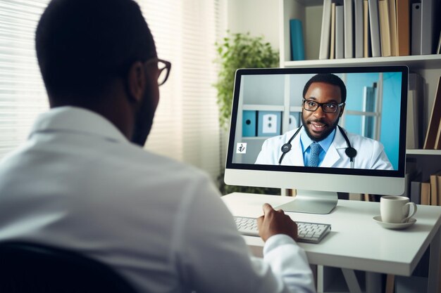 Ein afroamerikanischer Patient diskutiert mit einem Therapeuten während eines Online-Videogesprächs.