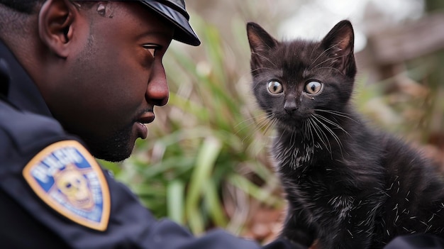 Ein afroamerikanischer Polizist befragt ein winziges schwarzes Kätzchen.