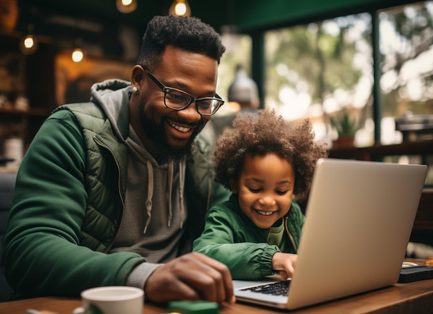 Ein afroamerikanischer Vater arbeitet an einem Laptop, während sein Sohn ihn ablenkt, der kleine Junge ist unartig, sein Vater Multitasking Freelance und Vaterschaft Konzept