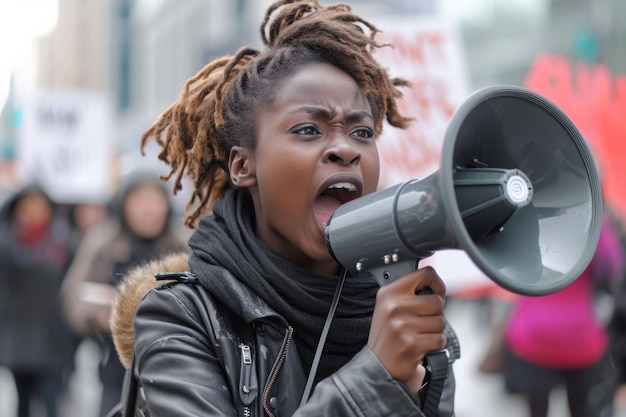 Ein afroamerikanisches Mädchen auf einer Stadtstraße schreit bei einer Kundgebung in ein Megafon