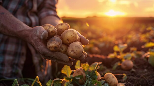 Ein Agronom, der Kartoffelpflanzen untersucht und frische Kartoffeln vor einem farbenfrohen Sonnenaufgangschatten hält