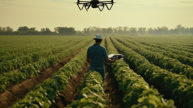 Ein Agronom überprüft den Ertrag mit Drohnen auf den Feldern Generative KI