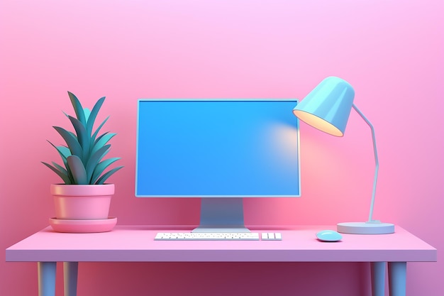 Ein AI-blauer Computer mit Zubehör auf dem Tisch in einem rosa Interieur