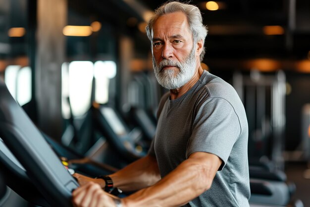 Ein aktiver alter Mann trainiert auf einem Laufband im Fitnessstudio