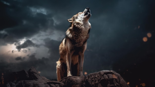 Ein alleiniger Wolf heult nachts auf einem Felsen im Waldhintergrund