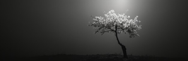 Ein alleinstehender Baum mit schwarz-weißen Blüten