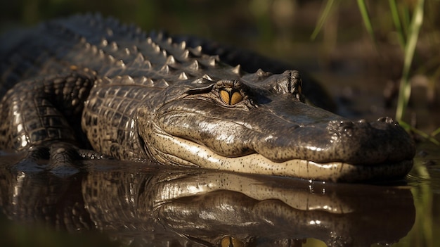 Ein Alligator ruht mit offenen Augen in einem Teich.