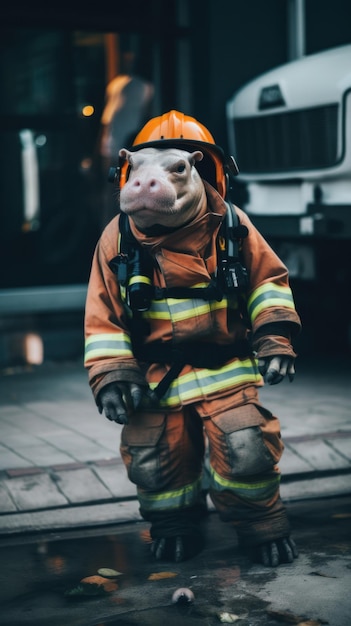 Ein als Feuerwehrmann verkleidetes Schwein steht auf einer Straße. Generatives KI-Bild