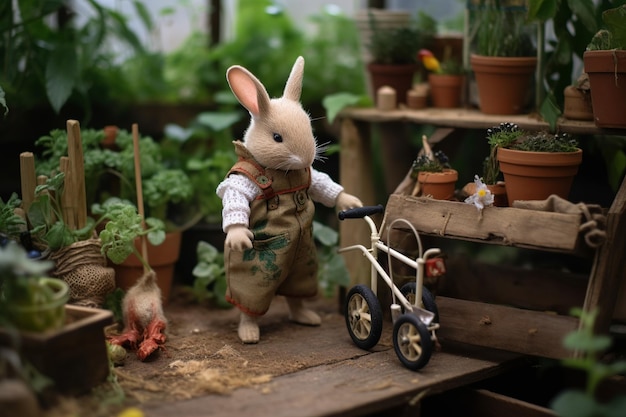 ein als Gärtner gekleidetes Kaninchen, umgeben von kleinen Gartengeräten und blühenden Pflanzen