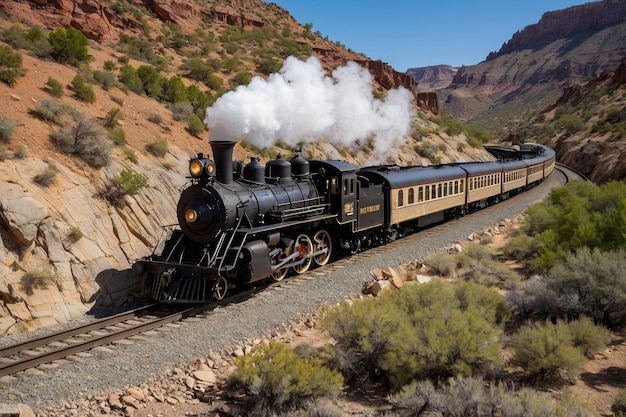 Ein alter Dampfzug fährt durch die Wüste