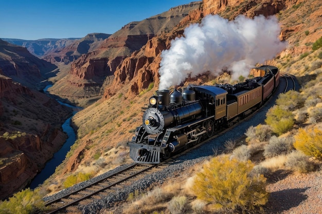 Ein alter Dampfzug fährt durch die Wüste