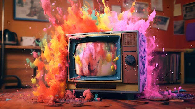 Ein alter Fernseher explodiert mit farbenfroher Regenbogenpulverfarbe durch den Bildschirm