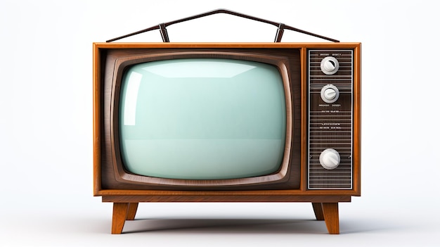 ein alter Fernseher mit braunem Rahmen und braunem Holzsockel.