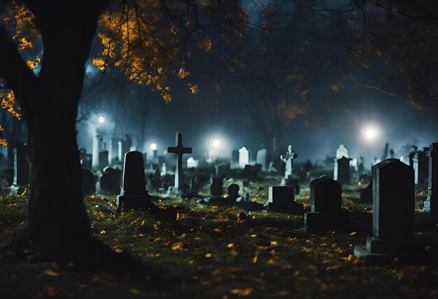 Foto ein alter friedhof in der nacht mit einer reihe von grabsteinen und bäumen