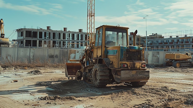 Ein alter gelber Traktor sitzt auf einer Baustelle. Im Hintergrund befindet sich ein großes Wohngebäude im Bau.