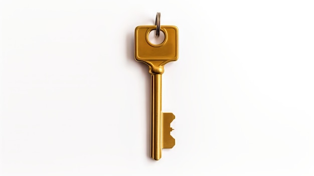 Ein alter goldener Schlüssel, flach und dünn auf weißem Hintergrund.