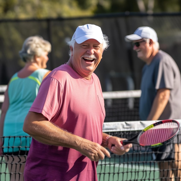 Ein alter, grauhaariger, lächelnder Mann spielt Tennis