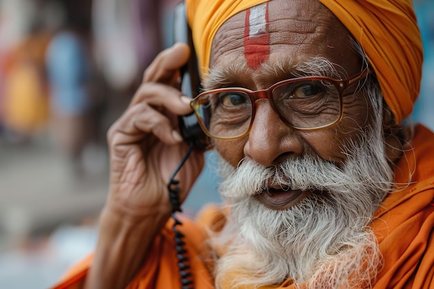 Ein alter indischer Mönch spricht in Nahaufnahme am Telefon
