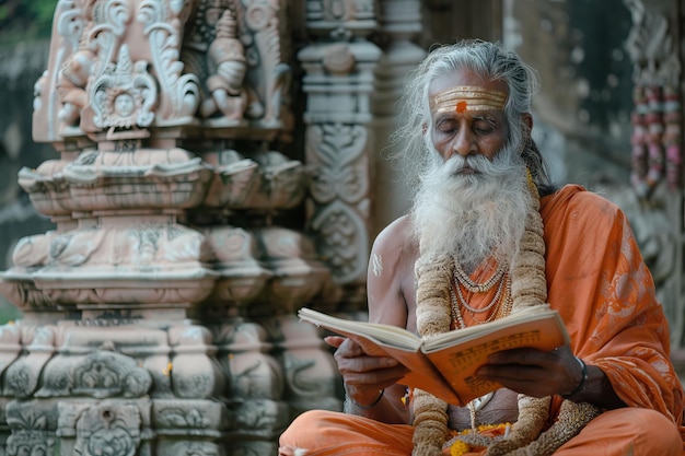 Ein alter indischer Sadhu-Heilig sitzt und spricht heilige Texte mit geschlossenen Augen in der Nähe des Tempels.