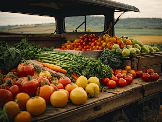 Foto ein alter lastwagen mit einer herbsternte von gemüse und kräutern auf einer plantage ein erntefest ein straßenmarkt, auf dem natürliche umweltfreundliche landwirtschaftliche produkte verkauft werden, die von ki generiert werden