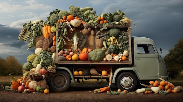 Ein alter Lastwagen mit einer Herbsternte von Gemüse und Kräutern auf einer Plantage ein Erntefest ein Straßenmarkt, auf dem natürliche umweltfreundliche landwirtschaftliche Produkte verkauft werden, die von KI generiert werden