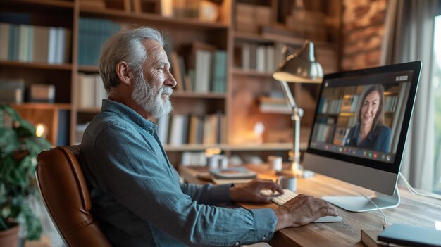 Foto ein alter mann am computer