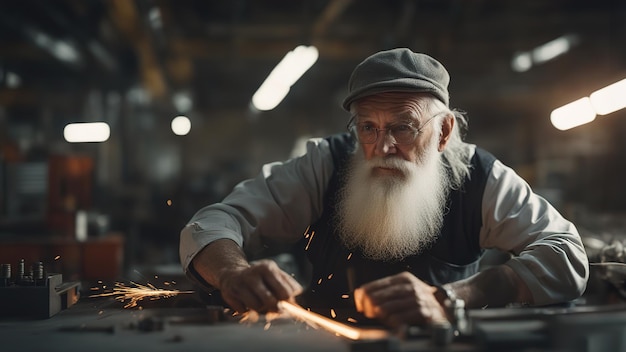 Ein alter Mann arbeitet in einer Fabrik. Ein alter Mann löst Varealismus aus. Hochdetailliertes Foto. Soziale Ungleichheit, Renten, Arbeit, Armut und ein hartes Leben.