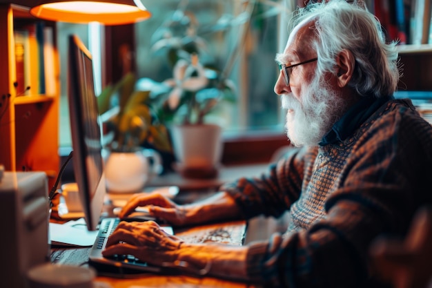 Foto ein alter mann benutzt zu hause einen computer, sitzt auf einem stuhl und schaut auf den bildschirm generative ki