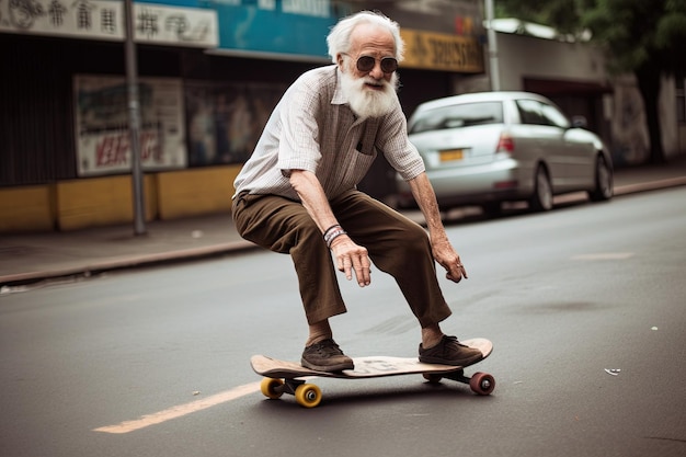 Ein alter Mann, der auf einem Skateboard auf einer Straße fährt.