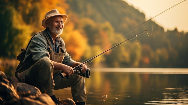 Ein alter Mann, der fischert, ein ruhiger See, eine Fischstange, ein Hut, ein Lächeln.