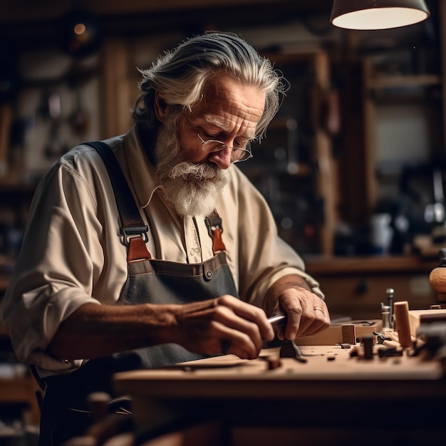 Ein alter Mann, der in der Werkstatt arbeitet, konzentriert sich auf Vintage