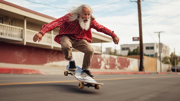 Ein alter Mann fährt schnell Skateboard