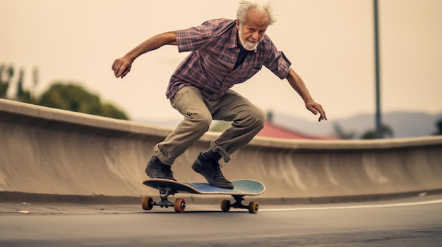 Ein alter Mann fährt schnell Skateboard