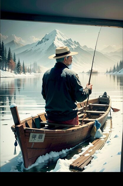 Ein alter Mann fischt in einem Boot mit Häusern, Bäumen, Wäldern und schneebedeckten Bergen am Fluss
