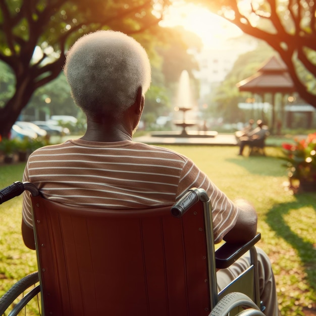 Ein alter Mann im Rollstuhl im Park, ein einsamer alter Mann mit Behinderung.
