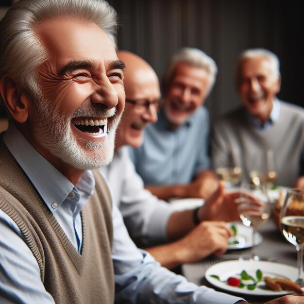 Ein alter Mann mit Bart lächelt an einem Tisch mit anderen Männern