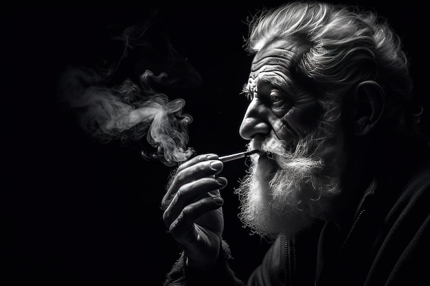 Ein alter Mann mit Bart raucht eine Zigarette, ein alter Mann raucht Marihuana-Zigaretten