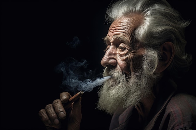 Ein alter Mann mit Bart raucht eine Zigarette, ein alter Mann raucht Marihuana-Zigaretten