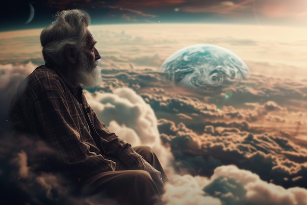 Ein alter Mann mit Bart sitzt auf einer Wolke und schaut auf den Planeten Erde 3D-Illustration