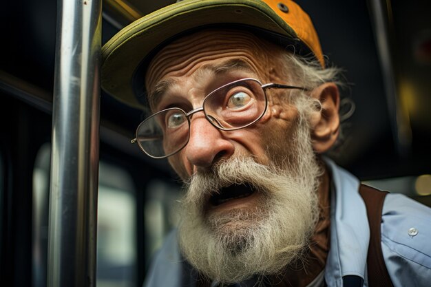 ein alter Mann mit Bart und Brille in einem Bus