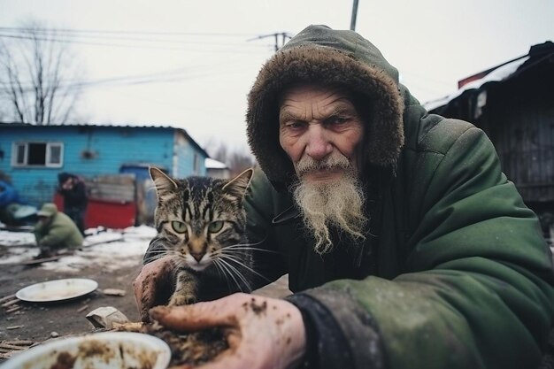 Foto ein alter mann mit bart und einer katze vor ihm