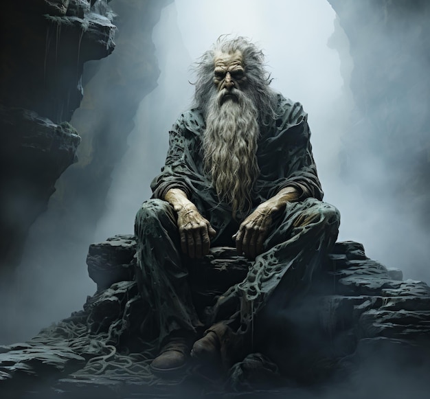 Ein alter Mann mit einem langen weißen Bart sitzt auf einem Felsen in einer Höhle