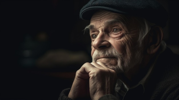 Ein alter Mann mit Hut und Hut sitzt in einem dunklen Raum.