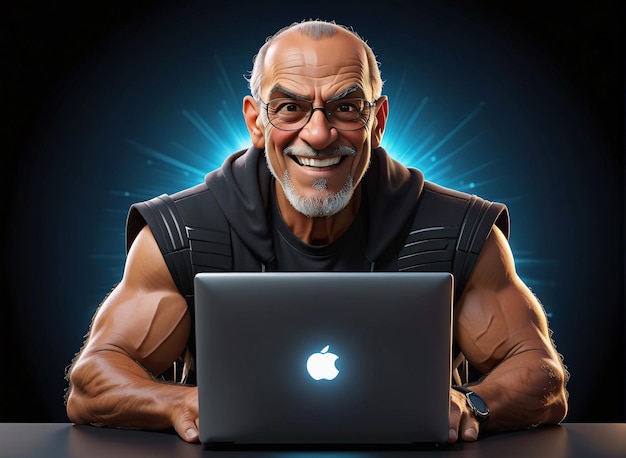 ein alter Mann sitzt an einem Tisch mit einem Laptop