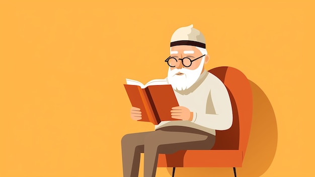 ein alter Mann sitzt auf einem Stuhl und liest ein Buch.