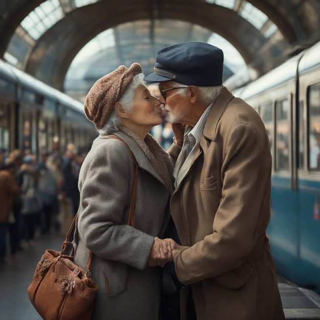 ein alter Mann und ein altes Paar küssen sich am Bahnhof