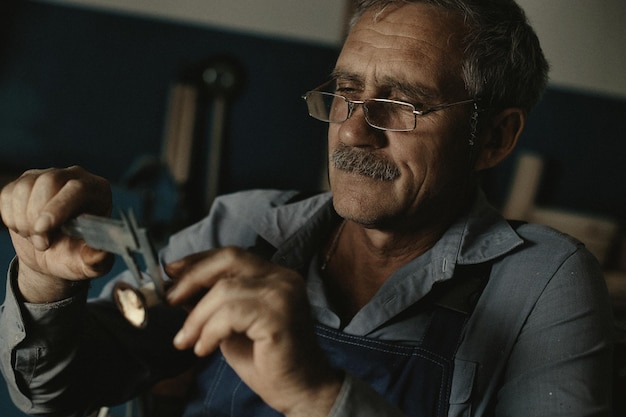 Ein alter Meister mit Brille arbeitet in einer Werkstatt