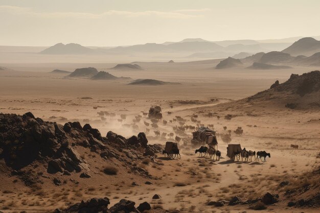 Ein alter Nomadenstamm bahnt sich seinen Weg durch eine weite Wüstenlandschaft, die mit generativer KI geschaffen wurde