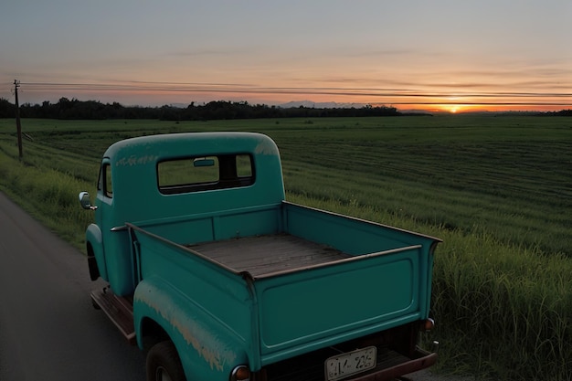 Foto ein alter pickup fährt eine landstraße entlang