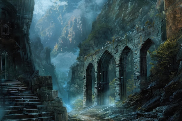 Ein alter Steinbogen in einer mystischen Berglandschaft mit Wasserfällen